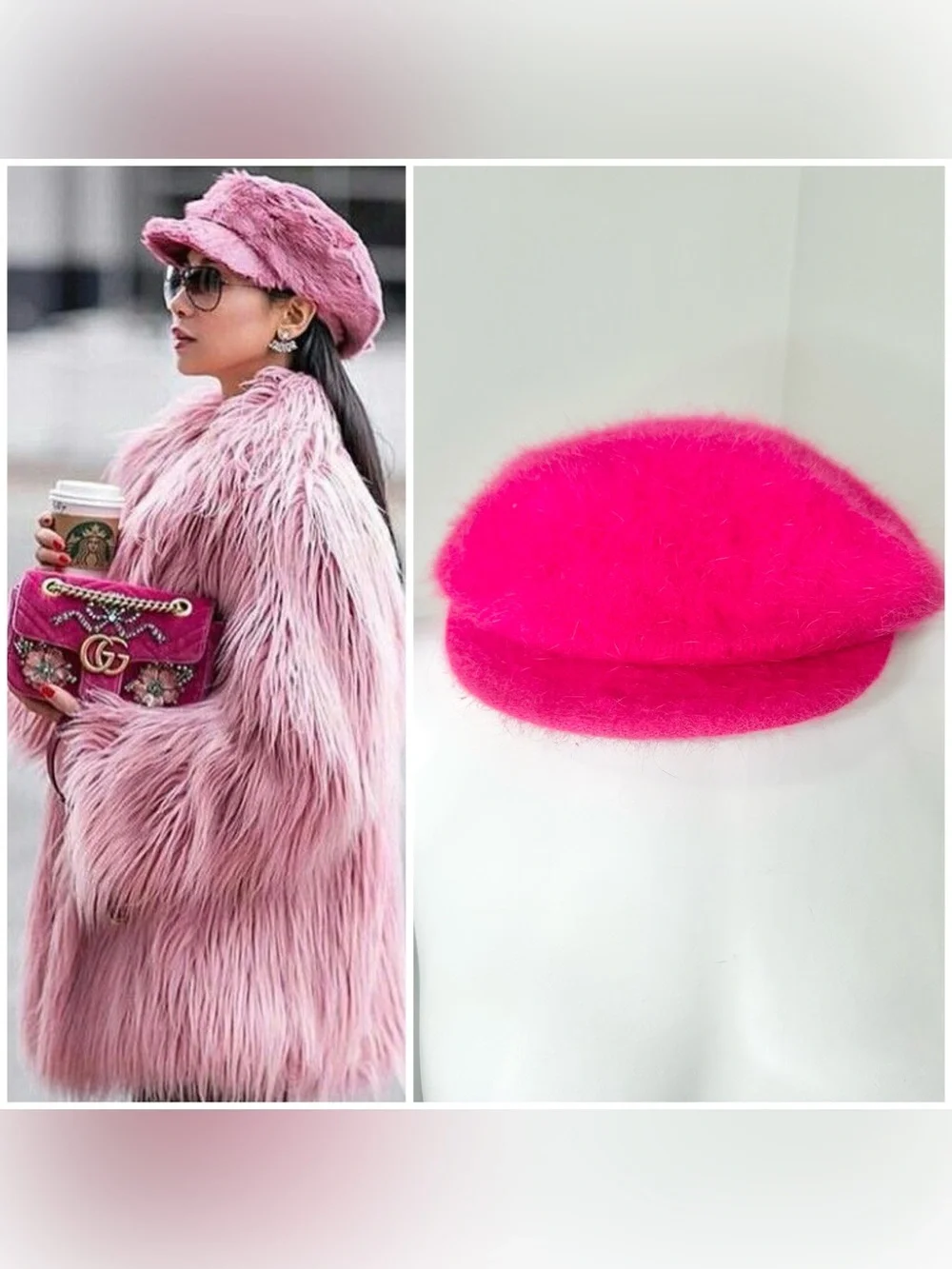Hot pink  angora Fur newsBoy Hat – Winter Cap-0S